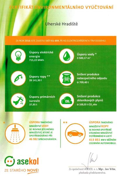 Certifikát Environmentálního vyúčtování společnosti ASEKOL 