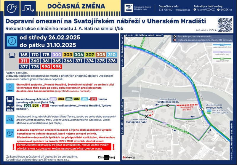 Dopravní omezení při opravách silničního mostu J. A. Bati začnou 26. února