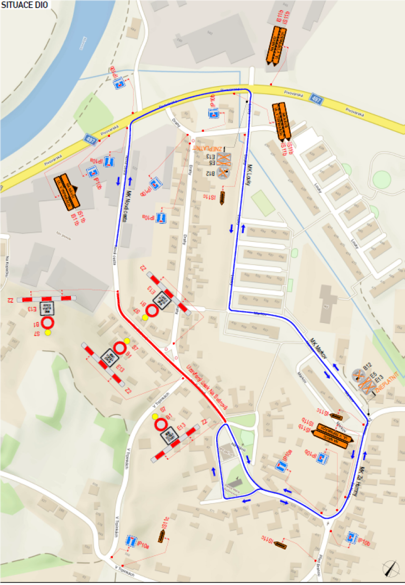 Rekonstrukce ulice Na Svárově - znázornění objízdné trasy